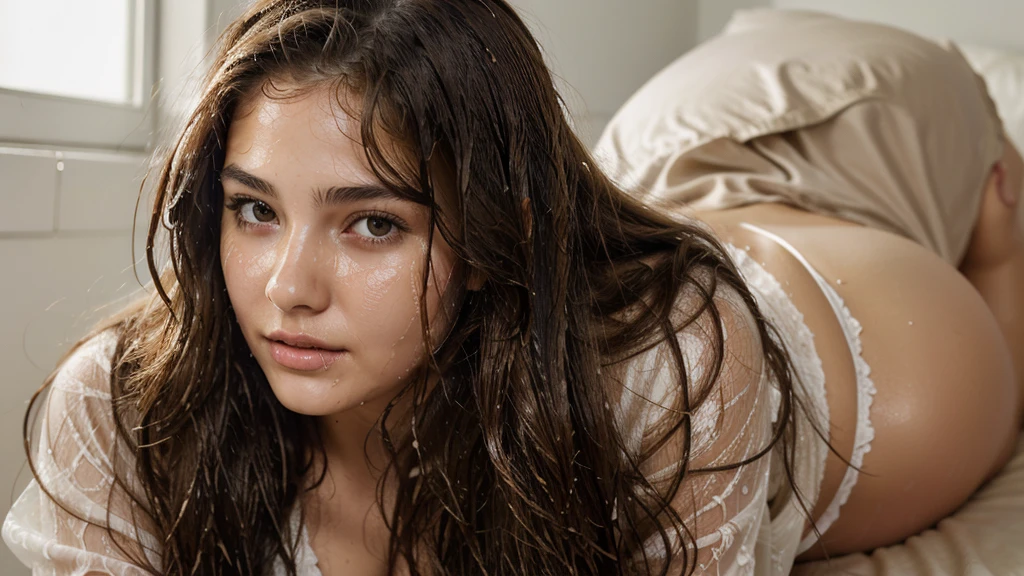 ((digital camara photo ))Masterpiece, Best Quality, super detailed, very beautiful 14 year old girl ,wavy brown hair long hair thick beautiful hair (all wet).Using a mask .Wear a sexy and short nightgown.