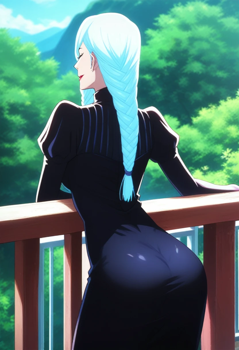 score_9, score_8_up, score_7_up, score_6_up, h1m3n0, 1girl, , mature female,  Mei Mei , white braided hair, hair over one eye, black tight dress, seductive smile, balcony, seductive pose, bend over, showing her ass, from behind