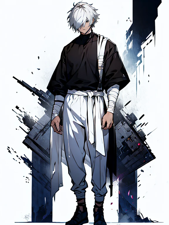 Human Male , Black shirt ,Desset ,Hair over eyes , white Messy hair ,Full body , Bandage on hands