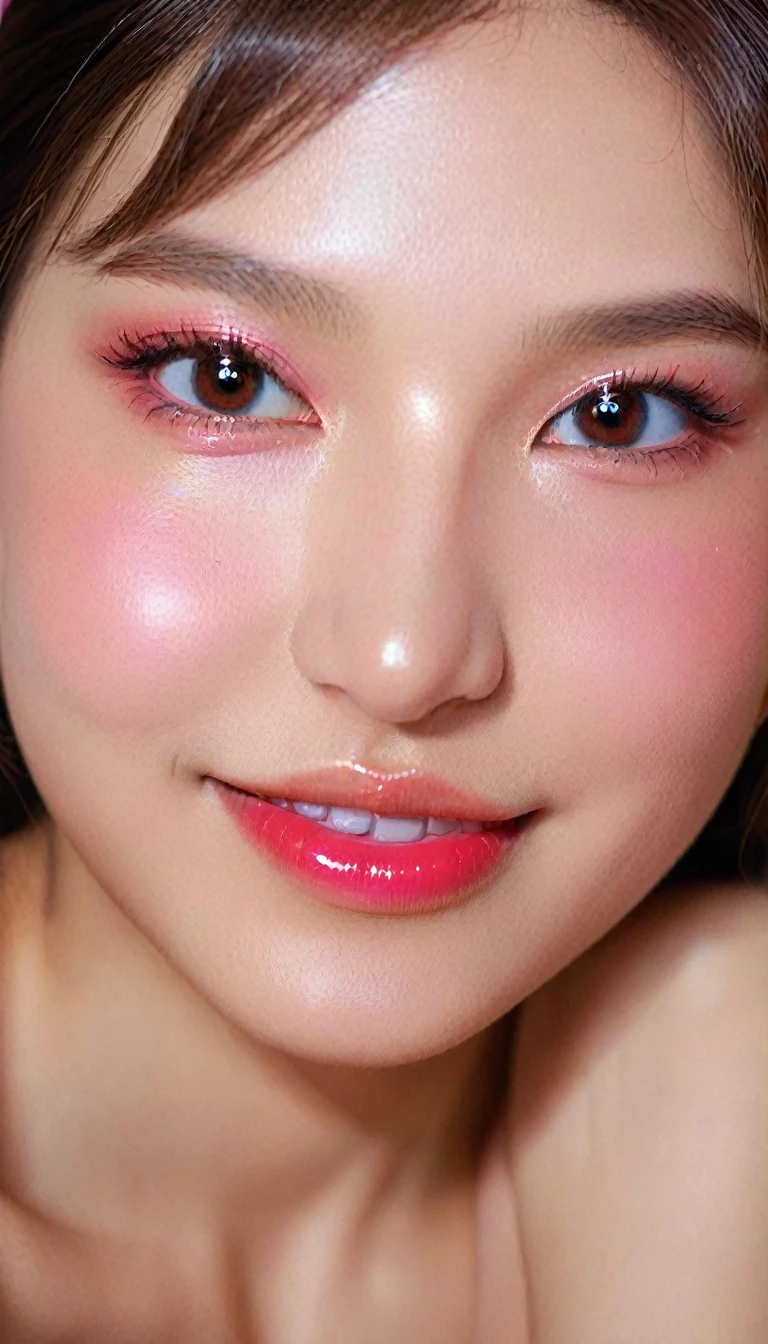 Ultra-realistic movie master pie with ultra-detailed primetime portraits, high quality, 8K, table top, Ultra HD), 1 girl 20 years old、nude supermodel, ((Random style and color hair)), masterpiece, high quality, high quality, High resolution、(close up of face), black_mascara put in Long eyelashes:1.5, dark (eyesshadows:1.35), (Glossy) red_lips:1.24, ((brown_eyes)), (iridescent eyes), vibrant eyes:1.35, high contrast, dark shot:1.5, (seductive smile), ((pink_makeup cheeks:1.2))