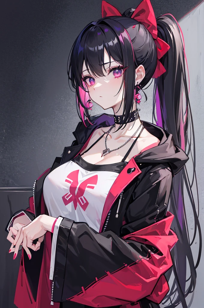 The female character **Hair**: Black with bright pink highlights. She has a high ponytail hairstyle, often tied with a large red bow. - **Eyes**: Large, blue in color and very expressive. - **Skin**: Claire **Face**: She wears a mask that *Clothing**: She is seen in casual clothes like a purple hoodie, as well as more gothic/punk outfits with patterns in red and black checks, accessories like necklaces and earrings. - **Accessories**: She often has a bloody knife in her hand and wears necklaces