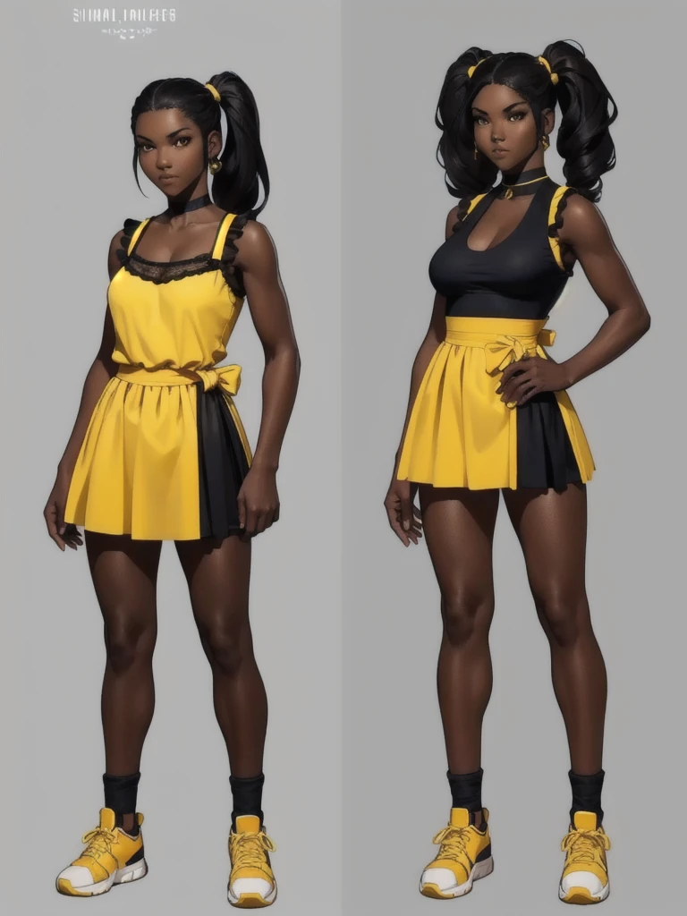 ((best quality)), ((4k)), ((highres)), ((masterpiece:1.2)). ((detailed)), ((ultra realistic)), ((intricate details)), ((full body picture)), ((character design sheet)), ((blank background)), ((standing in a blank background)), full body shot of a beautiful black female, ebony beauty, woman, 18 years old girl, dark brown skin, about 5'5 ft. tall, smirk on her face, ((smirking)), long curly black hair, ((long curly hair)), long hair, high pigtails, (((high pigtails)), dressed in a yellow sleeveless babydoll dress, ((EMPHASIS ON HER YELLOW SLEEVELESS BABYDOLL DRESS)), black leather belt on her waist, bare legs and sneakers, fighting game character design, tekken character design, the king of fighters character concept art, character concept art, full body, 18 years old female fighter, girly girl, cute girl, girly fighter character concept art