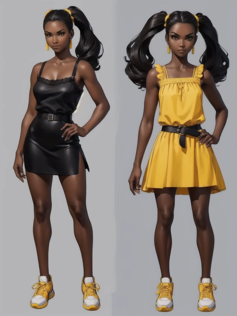 ((best quality)), ((4k)), ((highres)), ((masterpiece:1.2)). ((detailed)), ((ultra realistic)), ((intricate details)), ((full body picture)), ((character design sheet)), ((blank background)), ((standing in a blank background)), full body shot of a beautiful black female, ebony beauty, woman, 18 years old girl, dark brown skin, about 5'5 ft. tall, smirk on her face, ((smirking)), long curly black hair, ((long curly hair)), long hair, high pigtails, (((high pigtails)), dressed in a yellow sleeveless babydoll dress, ((EMPHASIS ON HER YELLOW SLEEVELESS BABYDOLL DRESS)), black leather belt on her waist, bare legs and sneakers, fighting game character design, tekken character design, the king of fighters character concept art, character concept art, full body, 18 years old female fighter, girly girl, cute girl, girly fighter character concept art