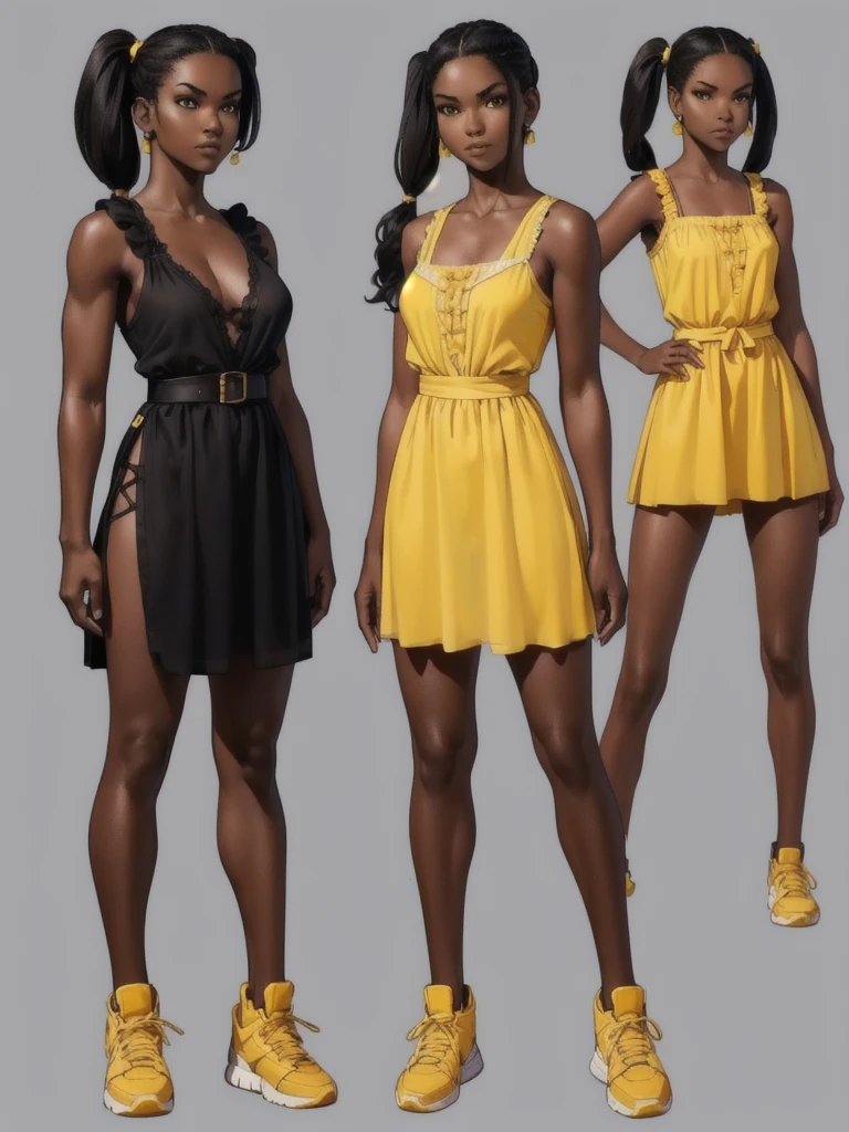 ((best quality)), ((4k)), ((highres)), ((masterpiece:1.2)). ((detailed)), ((ultra realistic)), ((intricate details)), ((full body picture)), ((character design sheet)), ((blank background)), ((standing in a blank background)), full body shot of a beautiful black female, ebony beauty, woman, 18 years old girl, dark brown skin, about 5'5 ft. tall, smirk on her face, ((smirking)), long curly black hair, ((long curly hair)), long hair, high pigtails, (((high pigtails)), dressed in a yellow sleeveless babydoll dress, ((EMPHASIS ON HER YELLOW SLEEVELESS BABYDOLL DRESS)), black leather belt on her waist, bare legs and sneakers, fighting game character design, tekken character design, the king of fighters character concept art, character concept art, full body, 18 years old female fighter, girly girl, cute girl, girly fighter character concept art
