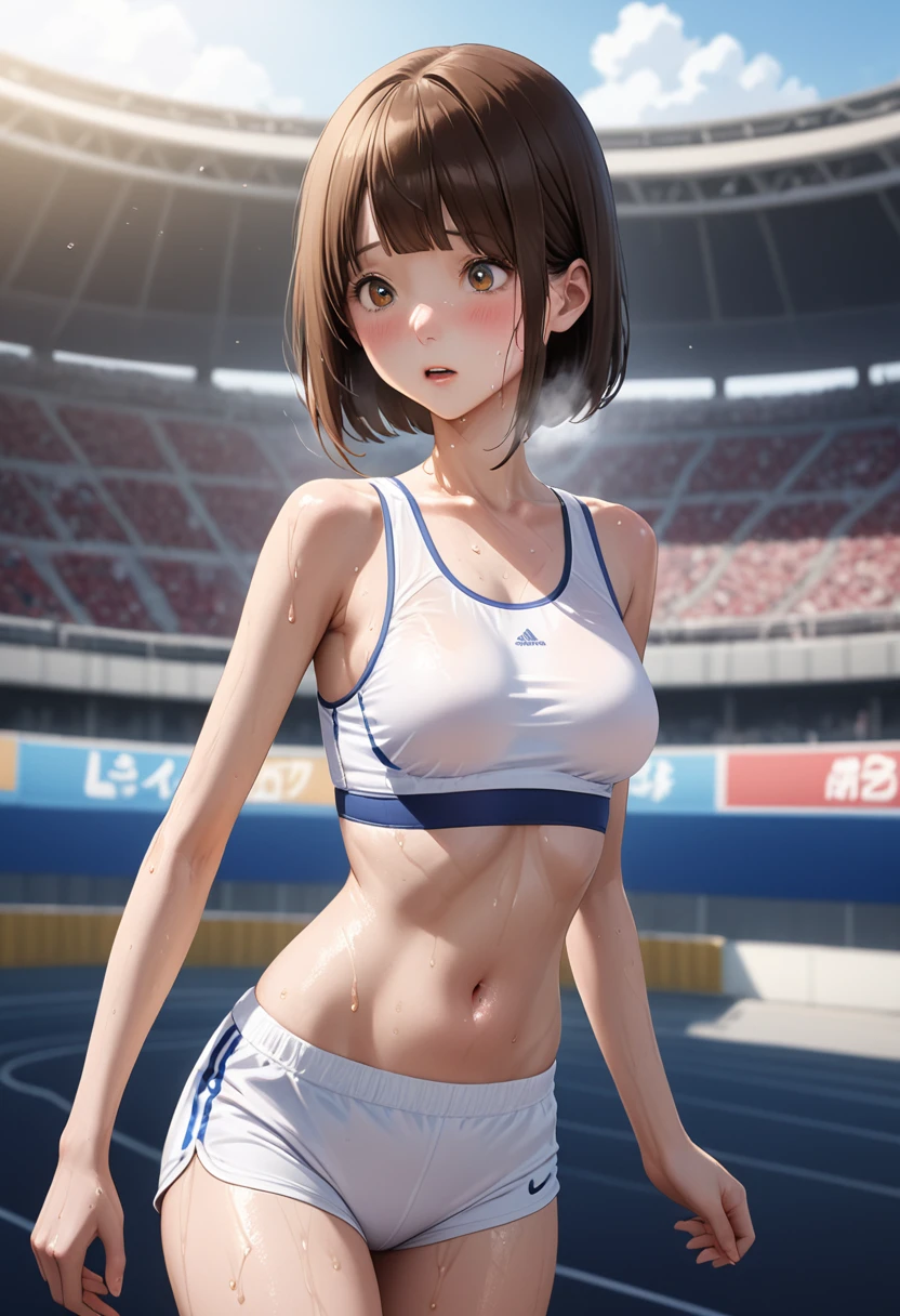 (masterpiece,Highest quality:1.3,best quality illustration),realistic,cowboy shot,1woman,20 year old Japanese beauty,very small head,(short bob brown hair),bangs,brown eyes,gorgeous eyes,blush,Heavy breathing,medium breasts,((very long body:1.3)),(toned body,slender body,skinny:1.5,White sports bra、navel、White sports shorts),gleaming skin,shiny skin,oily skin,(sweat:1.5),Run,Arena、Tokyo、