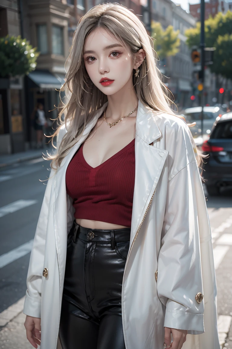 female,masterpiece, realistic, best quality, ultra detailed, cowboy_shot, long white hair, red lips, jewelery,luxury streetwear, colorful clothing
