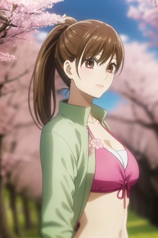 masterpiece, best quality, ultra-detailed, 1girl, solo, looking front at viewer, chihaya_ayase, brown hair, brown eyes, bikini ,ponytail , upper body, in park cherry blossom trees, jacket