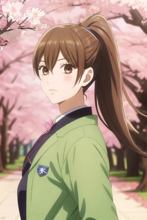 masterpiece, best quality, ultra-detailed, 1girl, solo, looking front at viewer, chihaya_ayase, brown hair, brown eyes, bikini ,ponytail , upper body, in park cherry blossom trees, jacket