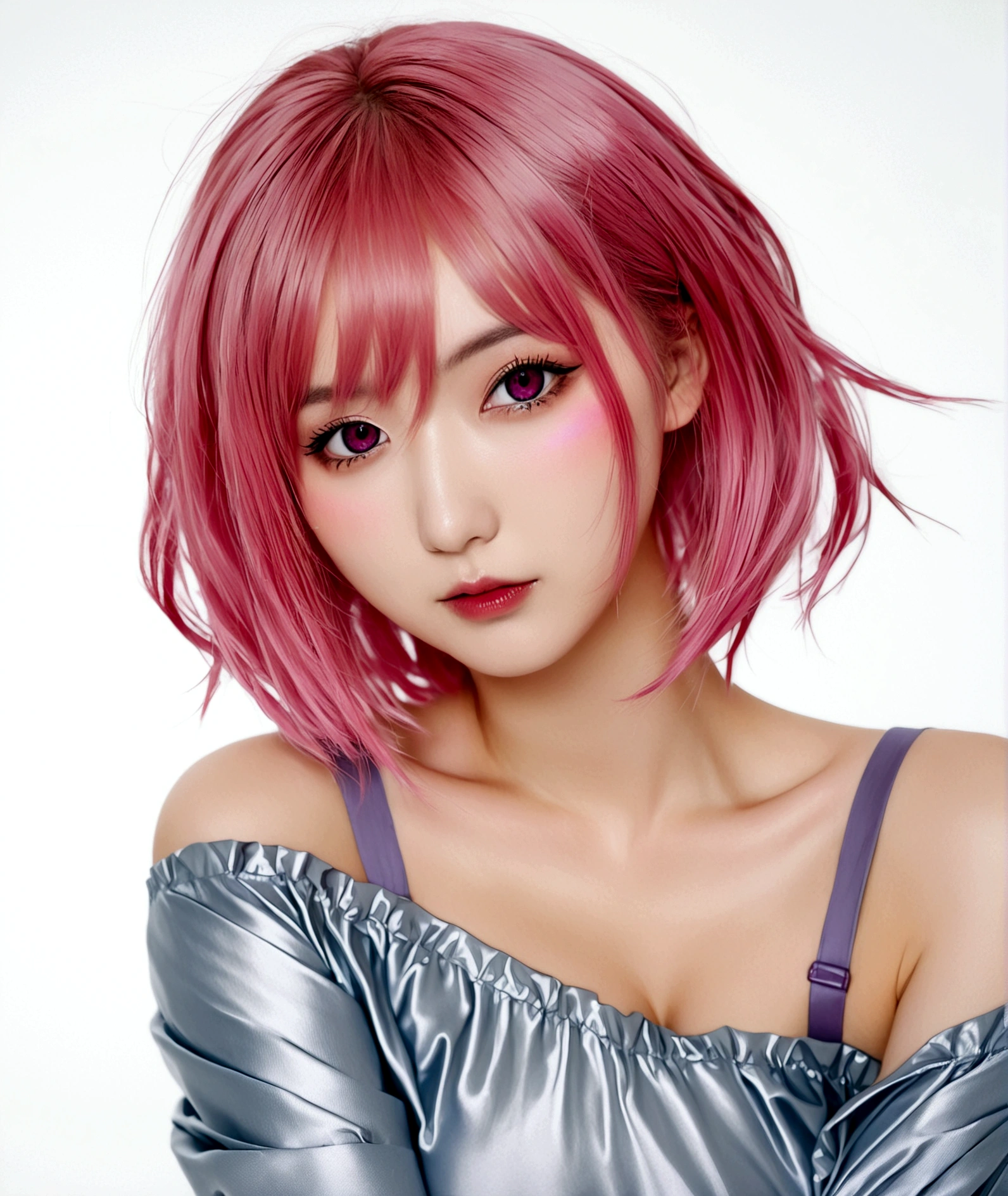 1girl, solo, breasts, looking at viewer, blush, short hair, simple background, shirt, white background, cleavage, medium breasts, upper body, pink hair, pink eyes, off shoulder, hair twirling, saigyouji yuyuko, momo velia deviluke