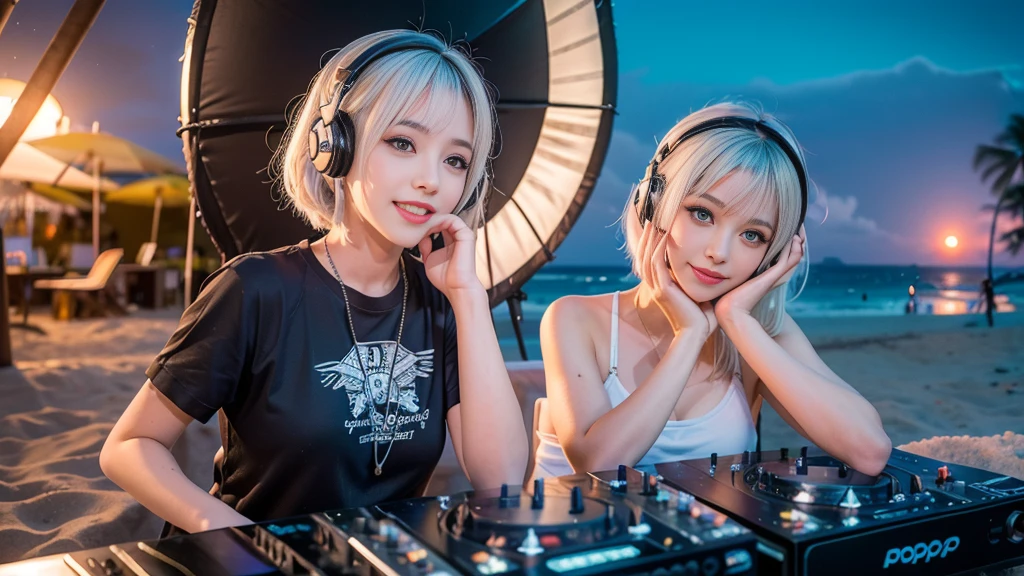 (ultra - detailed, 16K resolution, Cinema lenses, rendering by octane), (high resolution:1.18), intricate detail, (masterpiece:1.1), (highest quality:1.1), (1girl, portrait, white hair, blue eyes, short hair, detailed eyes),Wearing silver DJ headphones, Shiny silver sequined T-shirt, (in the beach:1.5), (Iconic hip-hop pop costumes:1.3), Smile while DJing on stage, DJ studio next to the beach, ((A stylish DJ stage on a hill overlooking the beach)), full body shot, Photorealistic photography by Sunshine, (cute round face:1.3), perfect fingers, five fingers, beautiful hands, perfect hands. master peace, cute smile.