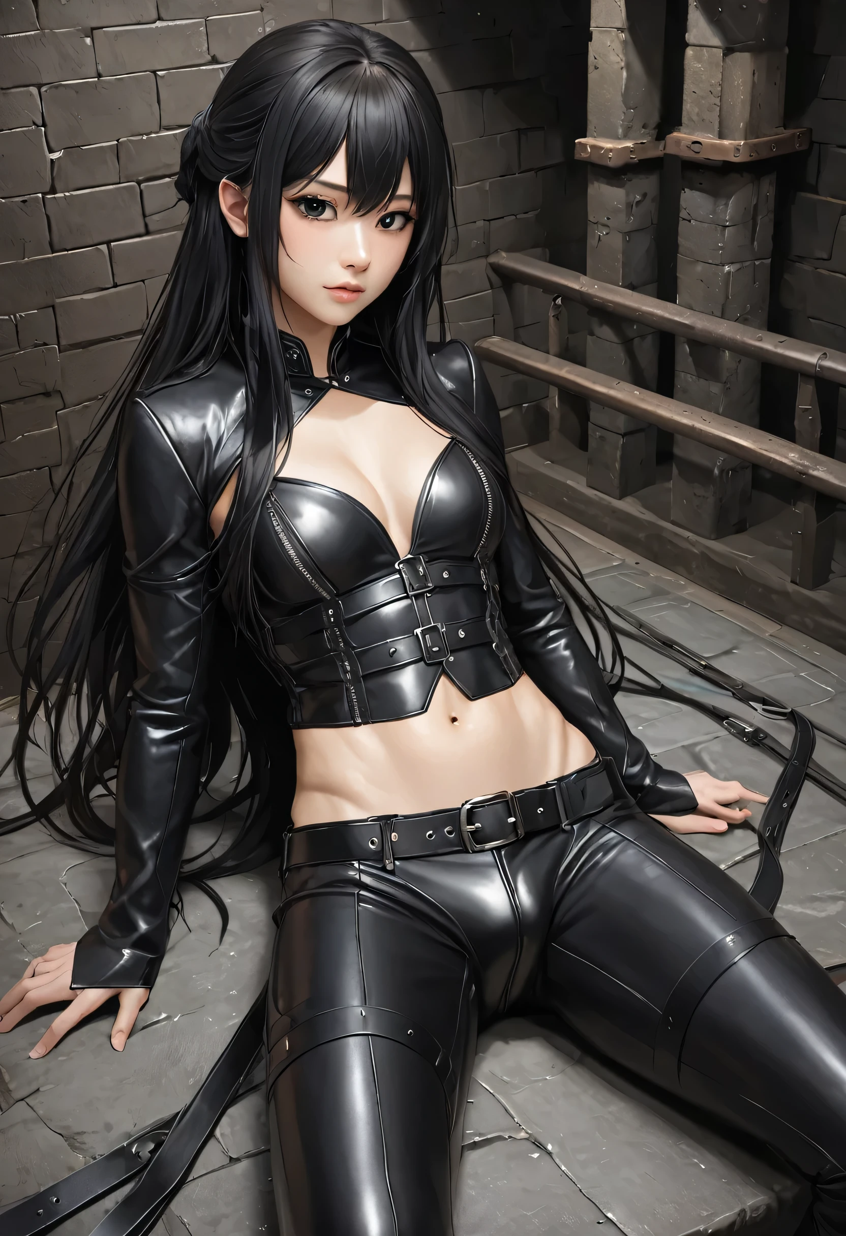 high quality, detailed, Realistic, (19 years old japanese shemale), (detailed black eyes),(long hair),(abs), (shiny skin), (leather chest),(leather bondage),leather tiny thongs, (bulge), dungeon, --no text,