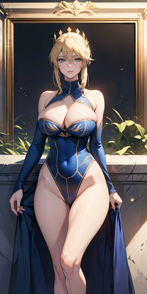 Artoria Lancer, mature woman, elegant, by rubio, green eyes, curvilinear, corona, bare shoulder, portrait, leotard blue, Lower body, 4k resolution, high quality