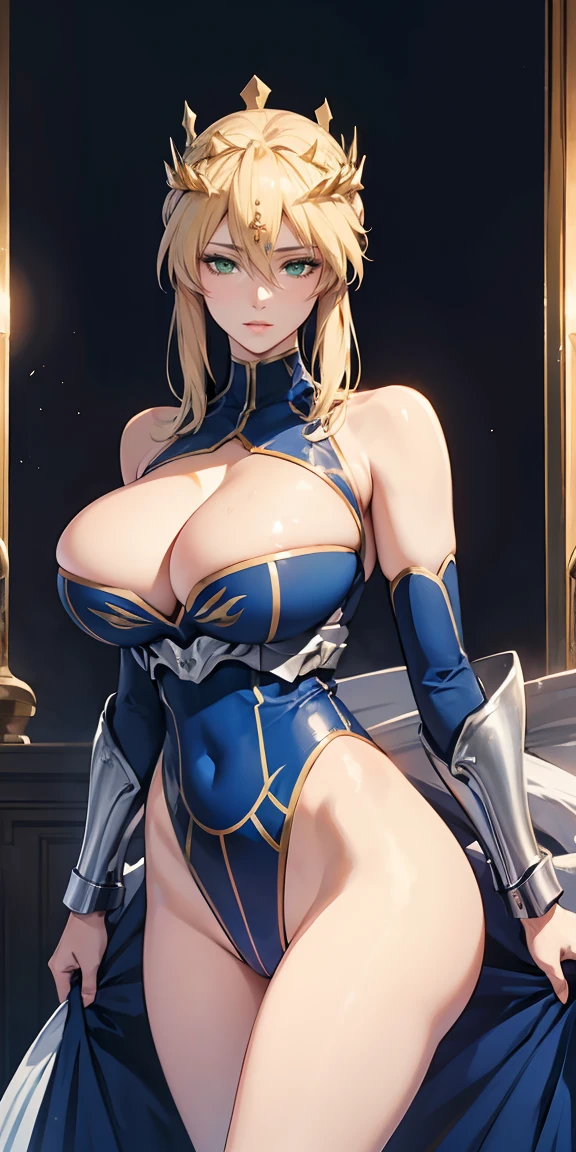 Artoria Lancer, mature woman, elegant, by rubio, green eyes, curvilinear, corona, bare shoulder, portrait, leotard blue, Lower body, 4k resolution, high quality