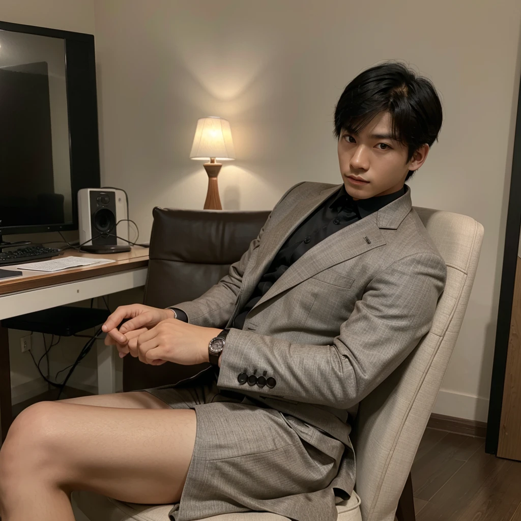 Korean boy with formal clothes, muscular black hair, no shirt, light brown eyes, sitting on a chair