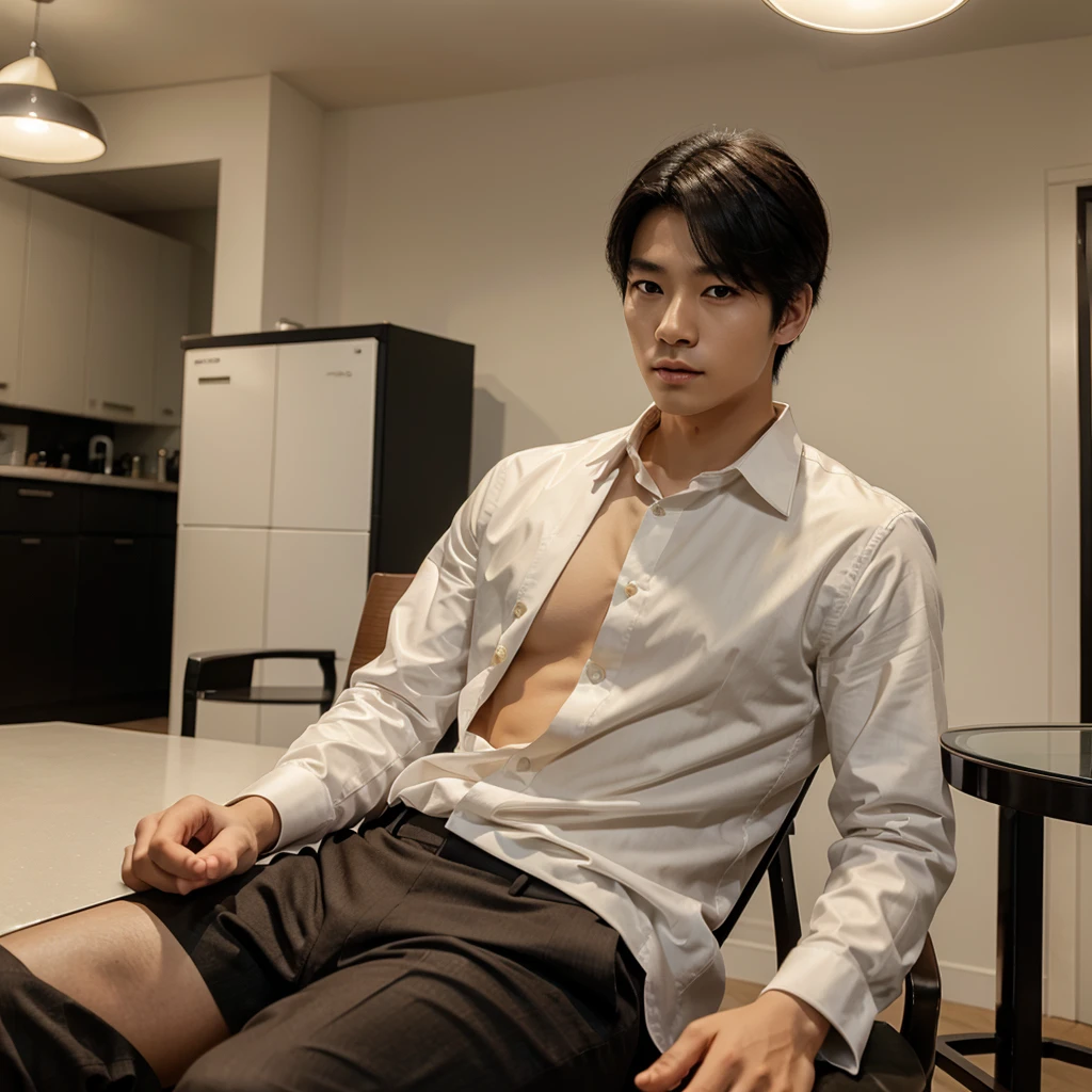 Korean boy with formal clothes, muscular black hair, no shirt, light brown eyes, sitting on a chair 
