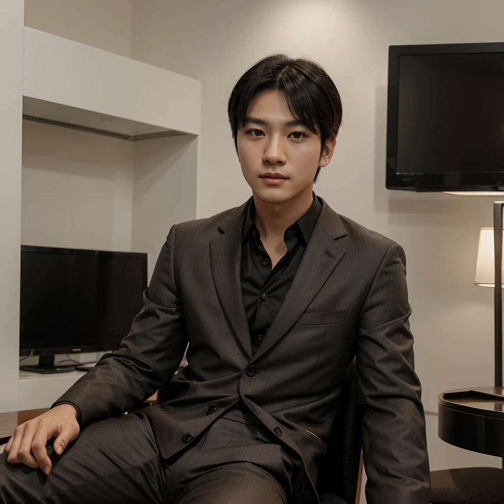 Korean boy with formal clothes, muscular black hair, no shirt, light brown eyes, sitting on a chair