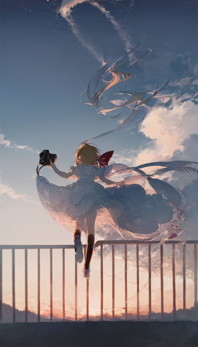 high quality, best quality, by rella, 1girl, flandre_scarlet, solo, sky, cloud, scenery, outdoors, dress, contrail, railing, day, blue sky, white dress, short sleeves, wide shot, camera, black socks, centered, high contrast, lovely