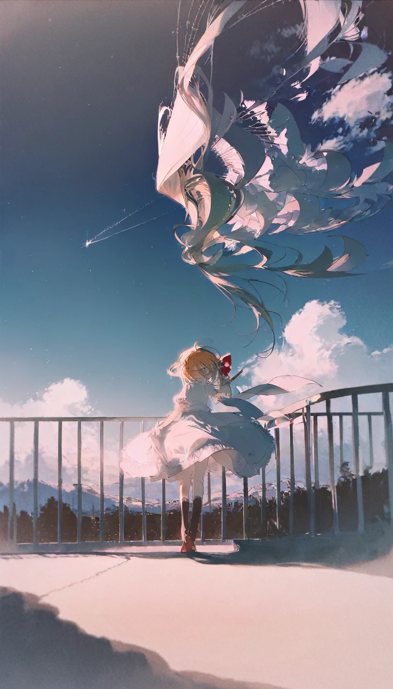 high quality, best quality, by rella, 1girl, flandre_scarlet, solo, sky, cloud, scenery, outdoors, dress, contrail, railing, day, blue sky, white dress, short sleeves, wide shot, camera, black socks, centered, high contrast, lovely
