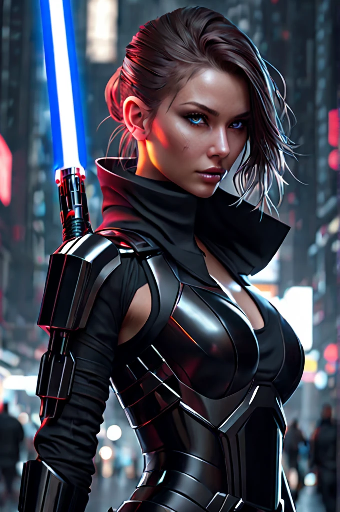 Techwear fashion breathtaking, natural light,  dynamic angle,  (anti-aliasing:1.2), elegant, soft scattered light, dramatic scene light saber . Futuristic, cyberpunk, urban, (tactical:1.23), sleek, dark, highly detailed digital painting, artstation, concept art, smooth, sharp focus, illustration, art by artgerm and greg rutkowski and alphonse mucha