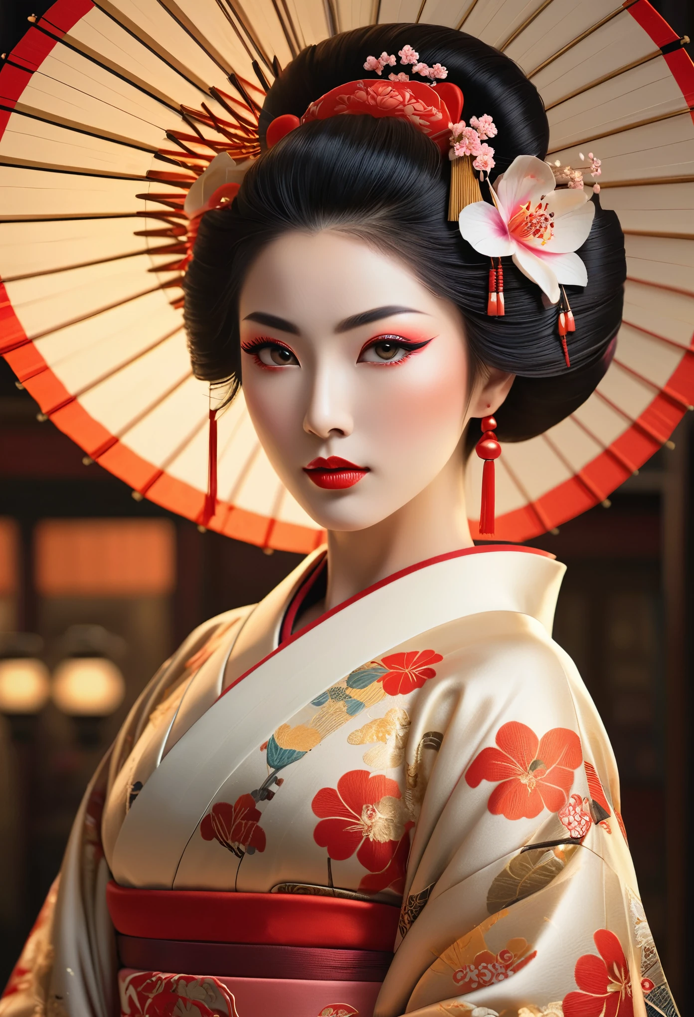 A highly detailed full-body portrait of a geisha, intricate hyper-detailed octane rendering, symmetric pose, beautiful detailed eyes, beautiful detailed lips, extremely detailed face and skin, long eyelashes, elegant kimono, traditional hairstyle, delicate facial features, serene expression, dramatic lighting, warm color palette, cinematic composition, masterpiece, photorealistic, (She is half French, and is a stunning beauty with detailed eyes and a high nose:1.6), thick eyebrows, detailed facial features, long graceful neck, 