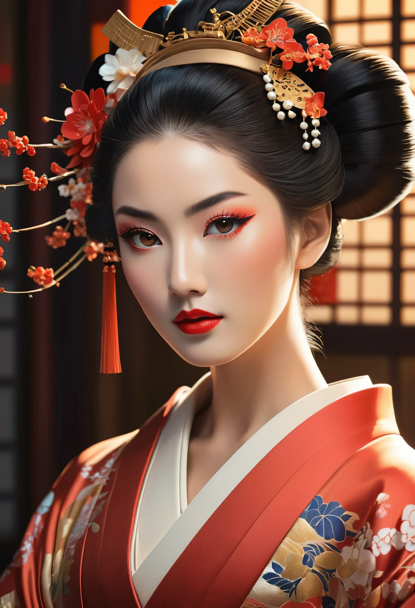 A highly detailed full-body portrait of a geisha, intricate hyper-detailed octane rendering, symmetric pose, beautiful detailed eyes, beautiful detailed lips, extremely detailed face and skin, long eyelashes, elegant kimono, traditional hairstyle, delicate facial features, serene expression, dramatic lighting, warm color palette, cinematic composition, masterpiece, photorealistic, (She is half French, and is a stunning beauty with detailed eyes and a high nose:1.6), thick eyebrows, detailed facial features, long graceful neck, 