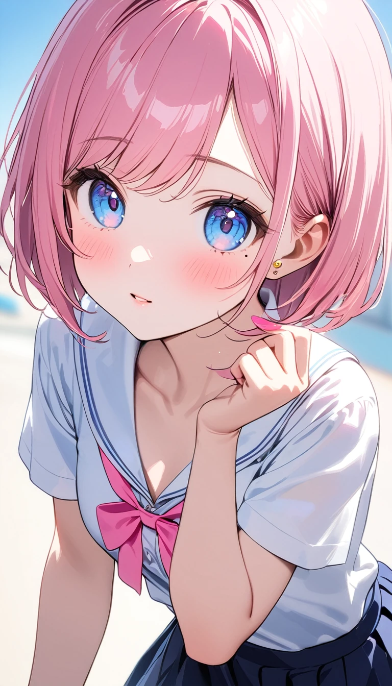 (1 girl),(Best Picture Quality, 8K, Masterpiece:1.3), (high school student:1.5), ((pink lob hair:1.1)), (bob cut),(swept bangs), (cute eyes, pupil black, iris skyblue, youthful face), (mole under right eye), (standard weight), (small breasts), (glistening skin:1.1),(pale skin:1.2), ((Gyaru fashion:1.4), white short sleeve shirt, darkblue skirt, pink ribbon)),