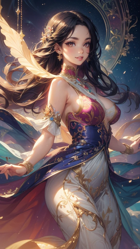 (best quality,4k,8k,highres,masterpiece:1.2),ultra-detailed,realistic,
professional,illustration,portraits,artgerm,gerald brom,vivid colors,
attractive woman,beautiful detailed eyes,beautiful detailed lips,longeyelashes,
perfect body,hyperfeminine curves,huge breasts,cute and playful,emotive expressions,
vibrant colors,colorful palette,soft and warm lighting,graceful poses,
detailed background,romantic atmosphere,stylish fashion,gazing into the distance,
dreamy ambiance,subtle textures,painting-like,scene from a fairytale,kaleidoscopic pattern,
ethereal beauty,majestic presence,alluring charm,exquisite details