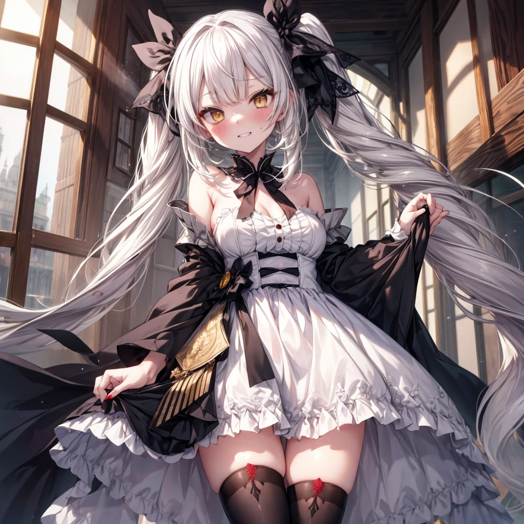 ((Highest quality)), ((masterpiece)), (detailed), (nsfw), there is a sexy girl with white hair and white eyes in a dress, 1girl, 独奏, breasts, long hair, thighhighs, yellow eyes, looking at viewer, twintails, black dress, hair ribbon, black ribbon, blush, evil grin, aroused, bare shoulders, (from below), face focus, (blood)