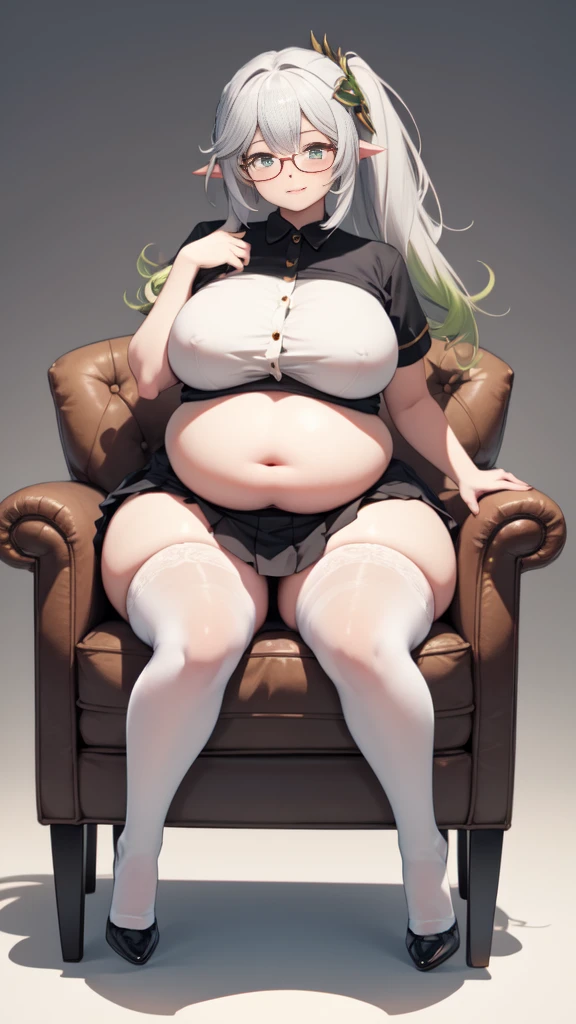 (masterpiece, best quality, glasses, full body), 1girls, big belly, blurry background, huge belly, round belly, chubby, curvy, white button-up shirt, skirt, thighhighs, simple_background, gradient_background, belly bursting out of shirt, belly grab, enormous belly, fat belly, thicc, bigger belly, sitting on chair, really big belly, jiggly belly, shirt covering belly, belly cover by shirt, smug face