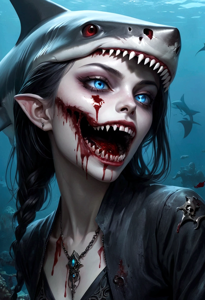 Fantasy Undersea，Shark Elf Girl，blue eyes，Sharp Fangs，Shark fin feature on back，look back,Blood stains at the corners of mouth，fierce，close up，Gothic Art，Dark Wind，Dilapidated cabin of a sunken ship，Zombie style，Alternative，Hand holding human skull