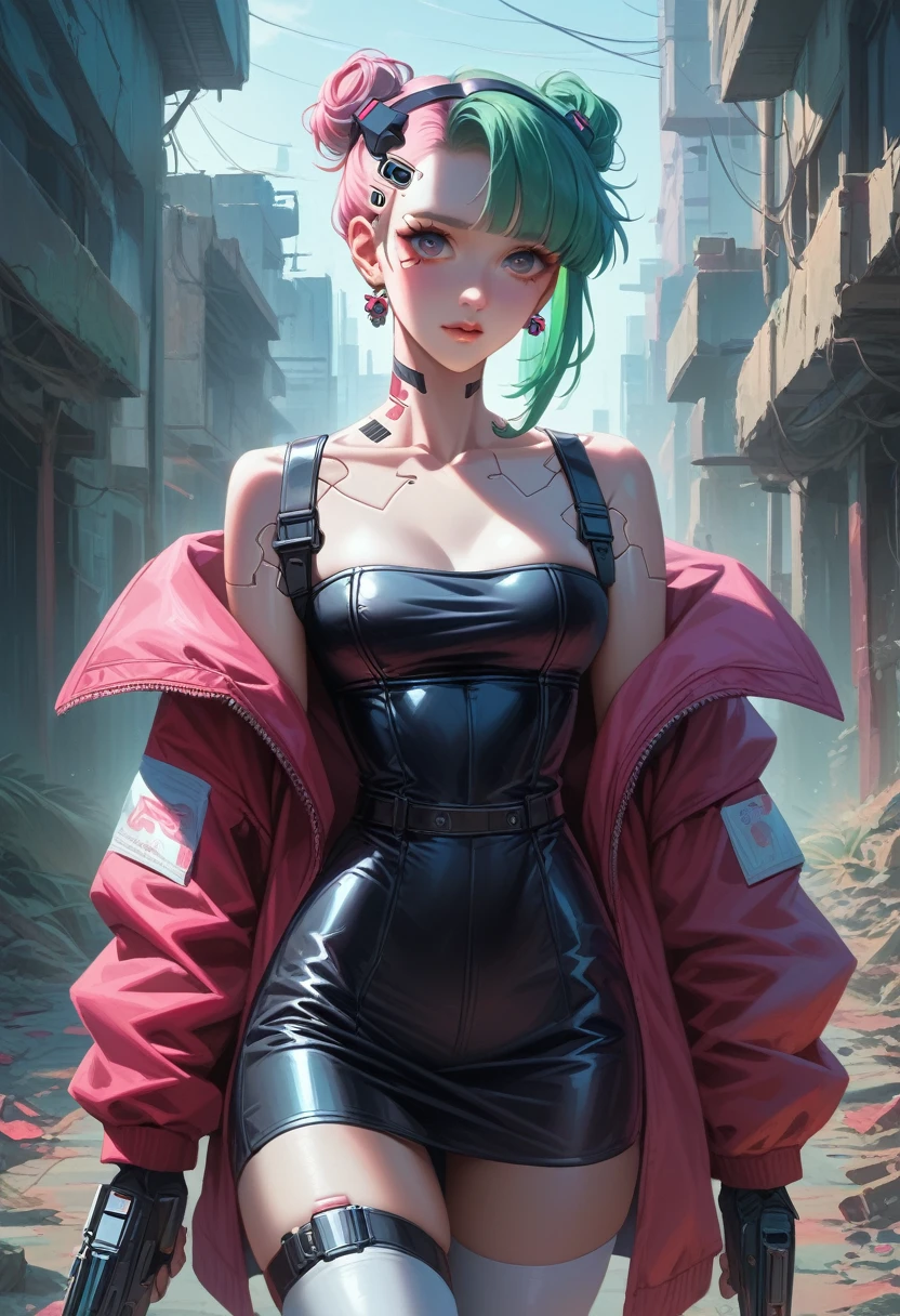Girl posing in shiny dress, female Cyberpunk Girl, Cyberpunk Girl, Perfect android girl, 3Dレンダリングキャラクターアート8K, Dreamy Cyberpunk Girl, Fashionable cyberpunk mechanoids, Cyberpunk Cute Cyborg Girl, Cyberpunk Costume、Ultra high definition、masterpiece、correct、Anatomically correct、Textured skin、Very detailed、High detail、high quality、最high quality、High resolution、8K、Raw photo、Beautiful Teenage Woman、One Japanese woman、Big beautiful eyes、Medium chest、A Japanese woman with short ash-colored hair, off-the-shoulder punk fashion, walking through ruins with a heavy machine gun