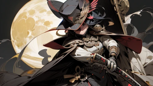 masterpiece,best quality,super detailed,super fine illustration,anime style,8K,mascarede mask,uniform,military cap,Cape,sheath,(holding in right hand:1.3_katana),Taisho Romance,moon,robot,MECA,droid,perfect mask,cool posing,perfect hands,warrior,Luo Linghun,twins