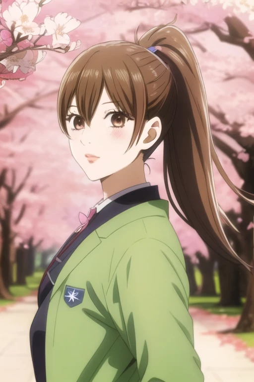 masterpiece, best quality, ultra-detailed, 1girl, solo, looking front at viewer, chihaya_ayase, brown hair, brown eyes, bikini ,ponytail , upper body, in park cherry blossom trees, jacket,glossy red lipstick