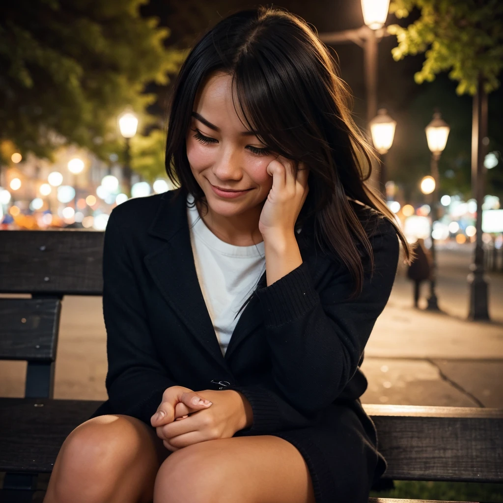 generate an image
A girl, sitting alone on a park bench, under a dimly lit streetlamp. She's clutching a photo of her ex, tears streaming down her face. The background shows the ex walking away, hand-in-hand with someone else, smiling and carefree. The contrast between their emotions is stark—her heartbreak against his happiness.