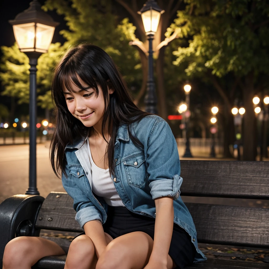 generate an image

A girl, sitting alone on a park bench, under a dimly lit streetlamp. She's clutching a photo of her ex, tears streaming down her face. The background shows the ex walking away, hand-in-hand with someone else, smiling and carefree. The contrast between their emotions is stark—her heartbreak against his happiness.