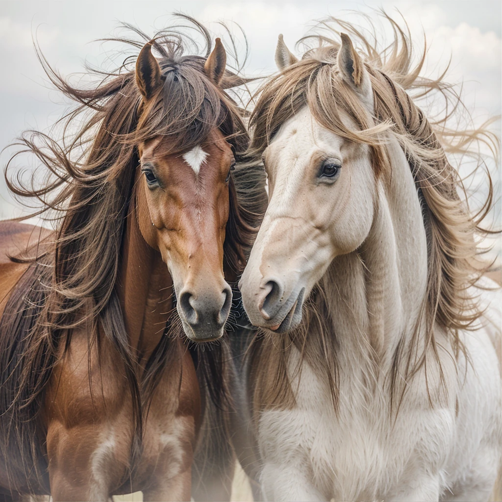 painting of two horses with long manes standing next to each other, on black green jungle in background