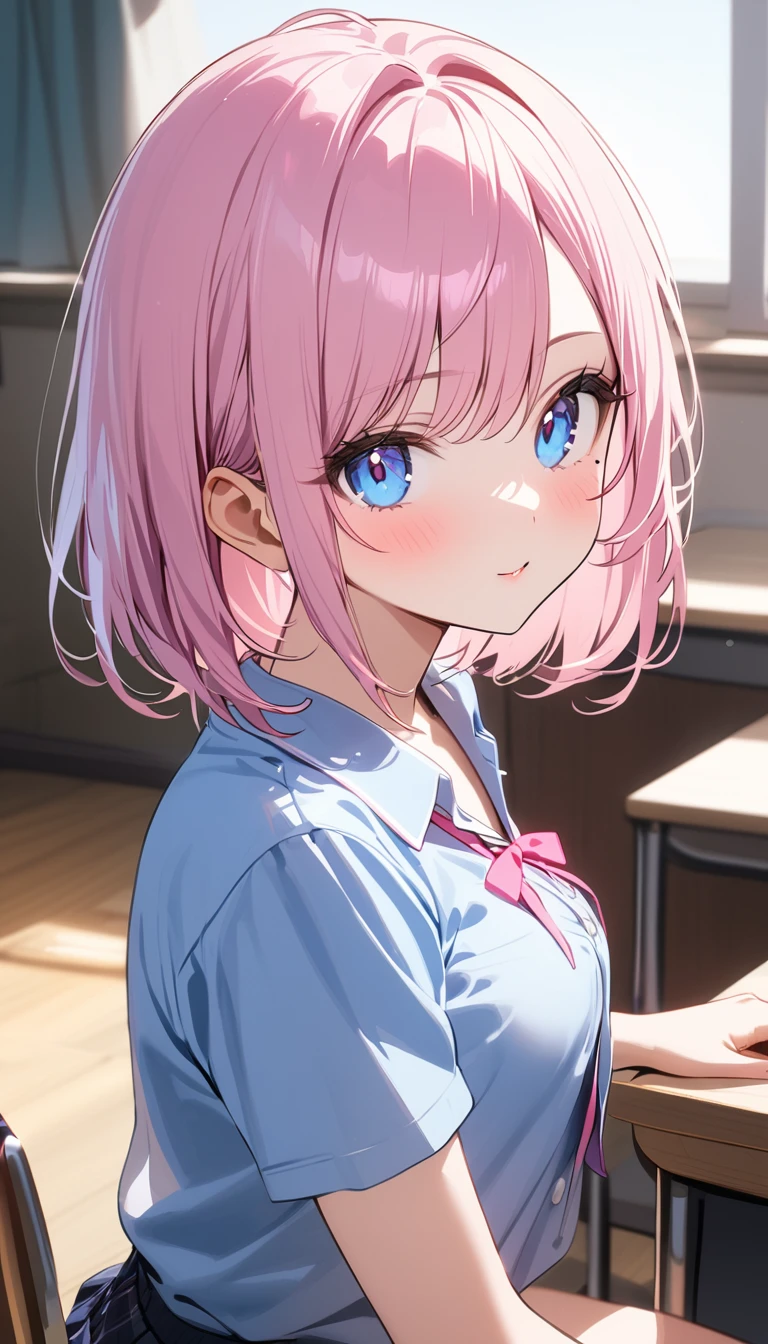 (1 girl),(Best Picture Quality, 8K, Masterpiece:1.3), (high school student:1.5), ((pink lob hair:1.1)), (bob cut),(swept bangs), (cute eyes, pupil black, iris skyblue, youthful face), (mole under right eye), (standard weight), (small breasts), (glistening skin:1.1),(pale skin:1.2), ((Gyaru fashion:1.4)),