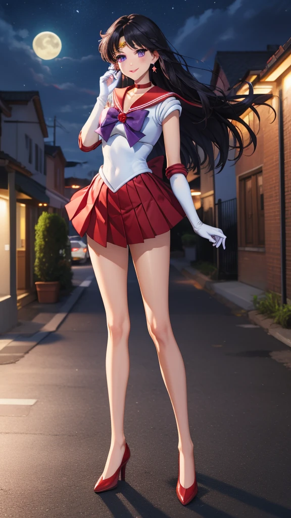 masterpiece, best quality, highres, absurdres, ultra detailed, pretty eyes,
sama1, tiara, sailor senshi uniform, white gloves, red sailor collar, red skirt, star choker, elbow gloves, pleated skirt, bare legs, purple bow
blowing kiss, cowboy shot, night, outdoors, moon, smile, city, full body, standing, hands down
