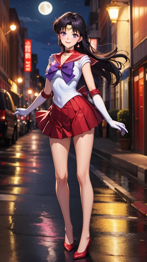 masterpiece, best quality, highres, absurdres, ultra detailed, pretty eyes,
sama1, tiara, sailor senshi uniform, white gloves, red sailor collar, red skirt, star choker, elbow gloves, pleated skirt, bare legs, purple bow
blowing kiss, cowboy shot, night, outdoors, moon, smile, city, full body, standing, hands down