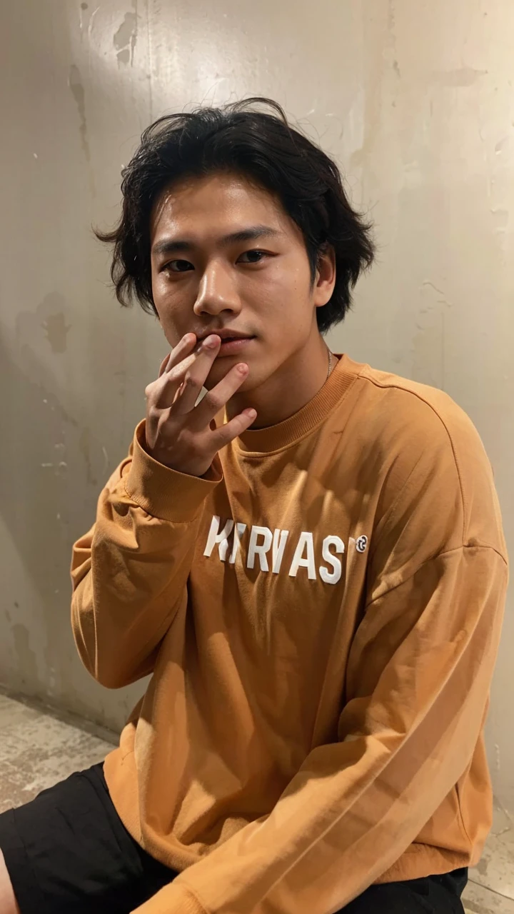 Korean boy with formal clothes, muscular black hair, no shirt, light brown eyes, sitting on a chair