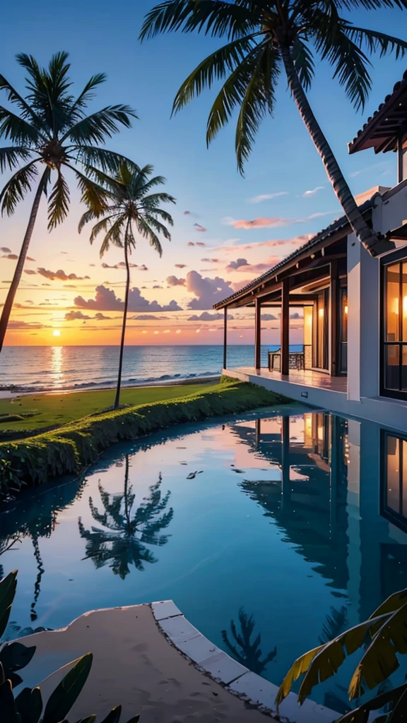 Beach house facing the sea, with coconut trees and a hill behind, sunset, birds flying and children playing in the water 
