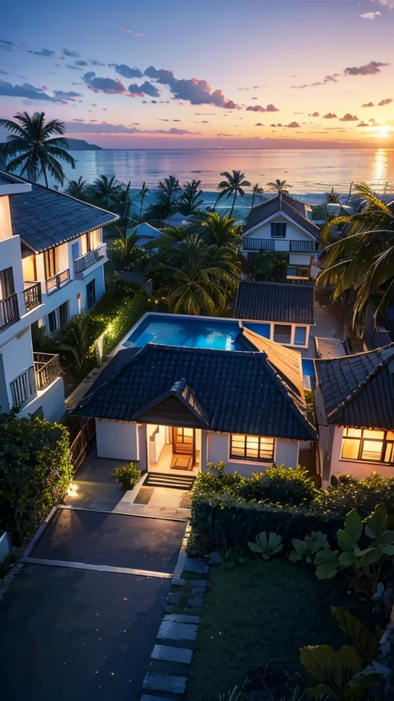 Beach house facing the sea, with coconut trees and a hill behind, sunset, birds flying and children playing in the water