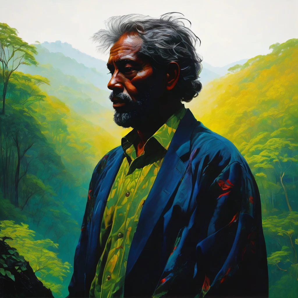 At the highest point of a lush rainforest, a figure stands silhouetted against the vibrant canopy, a sense of mystery emanating from his form. This striking painting captures the man's rugged profile, his weathered face hinting at untold stories. The artist's meticulous brushstrokes bring out the intricate details of the man's rugged attire, adorned with feathers and leaves. The verdant backdrop shimmers with delicate sunlight filtering through the dense foliage, creating a mesmerizing contrast. This evocative image immerses viewers in a moment of solitude and contemplation amidst nature's splendor.