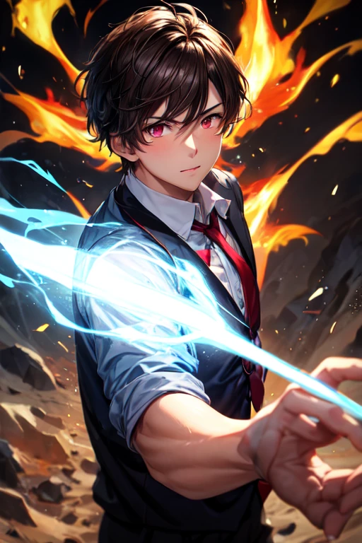 30-year-old boy with dark brown hair and black skin and bright red eyes wearing school clothes and with pyrokinesis powers