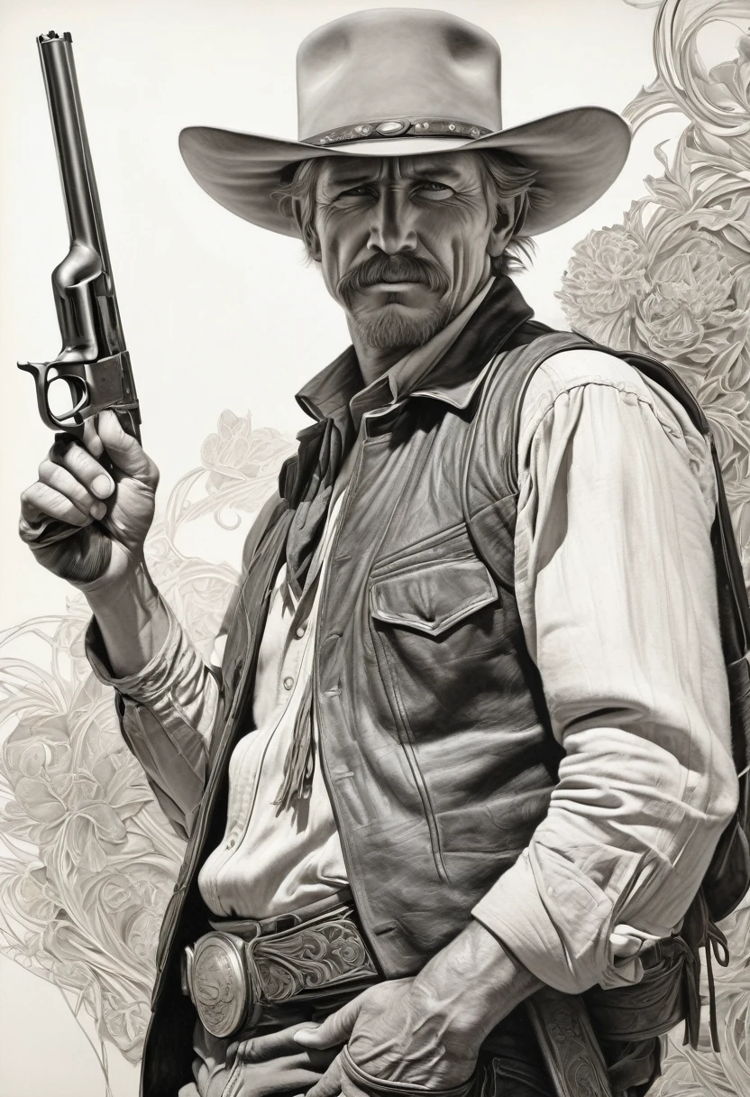portrait of a cowboy], intricate lines, highly detailed, B&EM, monochrome, black and white, graphite, pencil painting, charcoal, (high contrast: 1.1), an Old West gunslinger with a determined appearance and a gun on his back . The image is inspired by stories from the old west, as if he were about to face a deadly duel. Colors should be vibrant and contrasting, like those of Alphonse Mucha. The details must be delicate and complex, like Mucha's. The lines should be thick and almost erased, like street art prints. The lines that delimit the shapes should favor thicker, straighter angles.