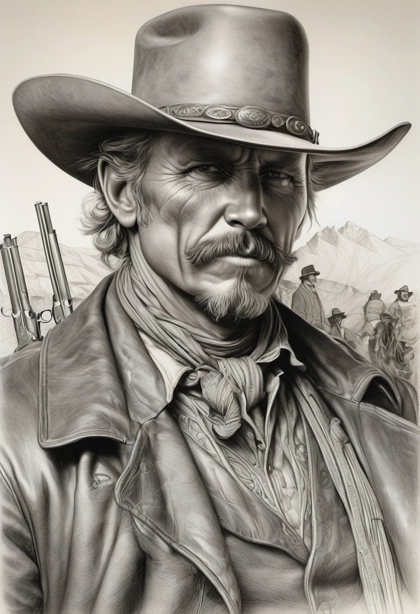 portrait of a cowboy], intricate lines, highly detailed, B&EM, monochrome, black and white, graphite, pencil painting, charcoal, (high contrast: 1.1), an Old West gunslinger with a determined appearance and a gun on his back . The image is inspired by stories from the old west, as if he were about to face a deadly duel. Colors should be vibrant and contrasting, like those of Alphonse Mucha. The details must be delicate and complex, like Mucha's. The lines should be thick and almost erased, like street art prints. The lines that delimit the shapes should favor thicker, straighter angles.