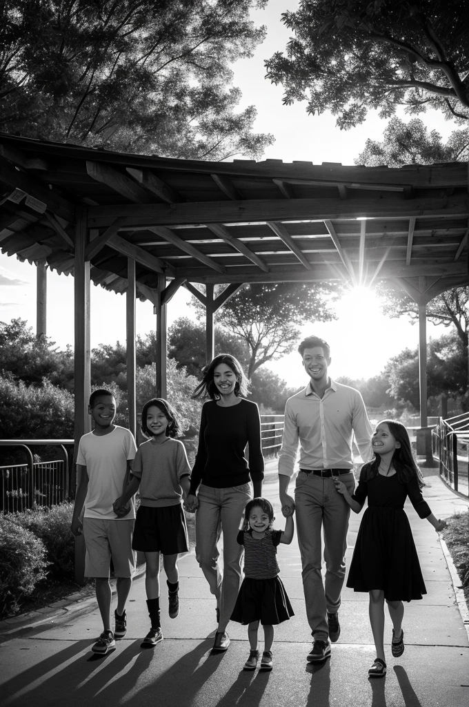 The family leaving the zoo, everyone holding hands and smiling, with the sun setting in the background 
(Black and white comic)