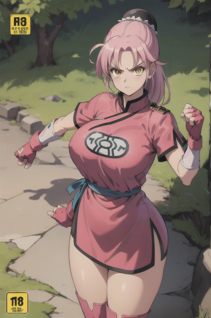 (masutepiece, Best Quality:1.1),Maam, Dragon quest, 1girl in, Solo, Looking at Viewer, no background, white background, long hair, Pink hair, parted bang, (Bun cover,:1.ellow eyes, Big , Fingerless gloves, Pink gloves, chinese sclothes, red dress, bow ribbon, black stockings, long boots, elegant standing, Female curves, standing, punching, fighting stance, furious, from above, cowboy shot