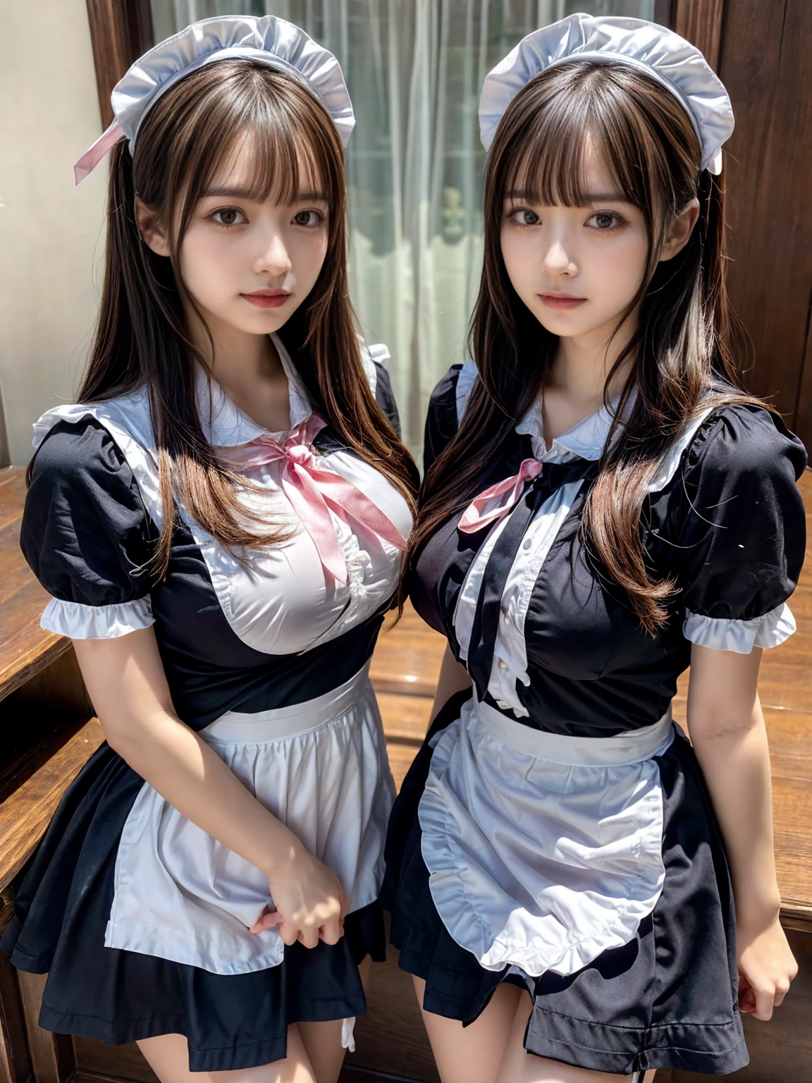 (2girls, twins:1.3), (beauty girls, delicate girls:1.3), (20 years old:1.3),
break, (cute maid uniform, ruffle blouse, pink ribbon tie, skirt:1.2),
break, (maid cafe:1.2),
break, very fine eyes, (symmetrical eyes:1.3),
break, (huge breasts:1.2), brown eyes, parted bangs, brown hair, Voluptuous things,(plump body:1.1)
break, (eyes and faces with detailed:1.0),
break, (masterpiece, best quality, ultra detailed, detailed face, 8k)
