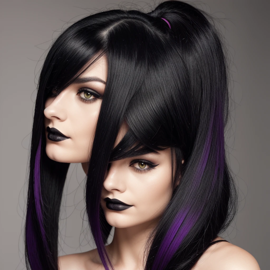 "Accurate portrayal: Create an image of a 23-year-old gothic girl with jet-black medium-length hair. Her hair has vibrant red tips and is brushed to one side, clearly revealing the other side of her head which is shaved. She has heterochromia with her right eye being dark green and her left eye being dark violet. She wears exclusively black makeup, including black eyeshadow, black eyeliner, and black lipstick. Her face is slender and exceptionally beautiful, with a mysterious expression and no smile. Ensure the red tips of her hair are clearly visible, and the shaved side is distinct and noticeable. Avoid bangs, avoid blue eyes, avoid different colored hair tips other than red, avoid colorful makeup (use only black), avoid smiling, avoid symmetrical hairstyles, avoid plain black hair without red tips, avoid non-shaved sides, avoid different eye colors other than specified (dark green and dark violet). Detailed description."